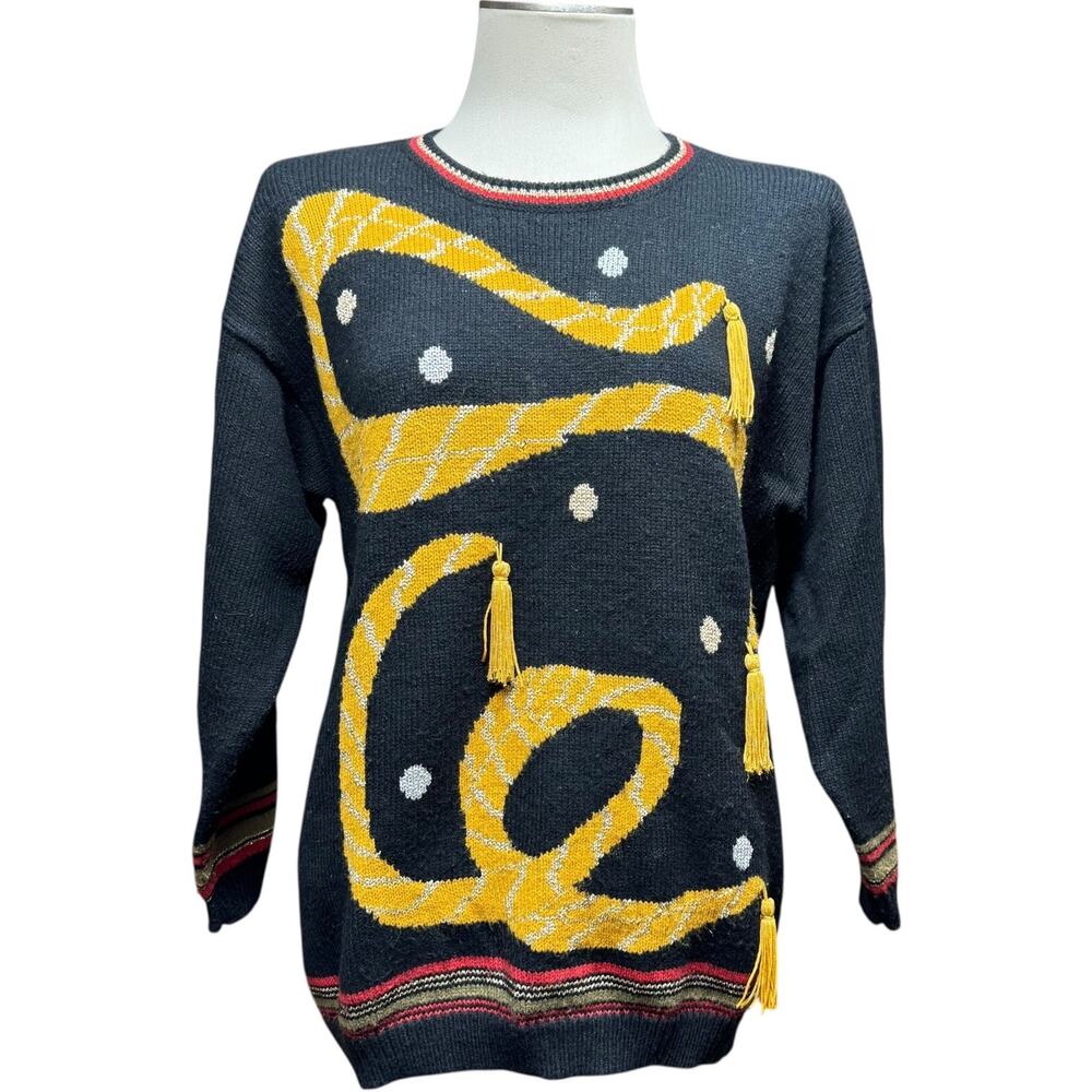 Sue Brett Collection Vintage Tassel Sweater Black Red Gold Silver Medium
